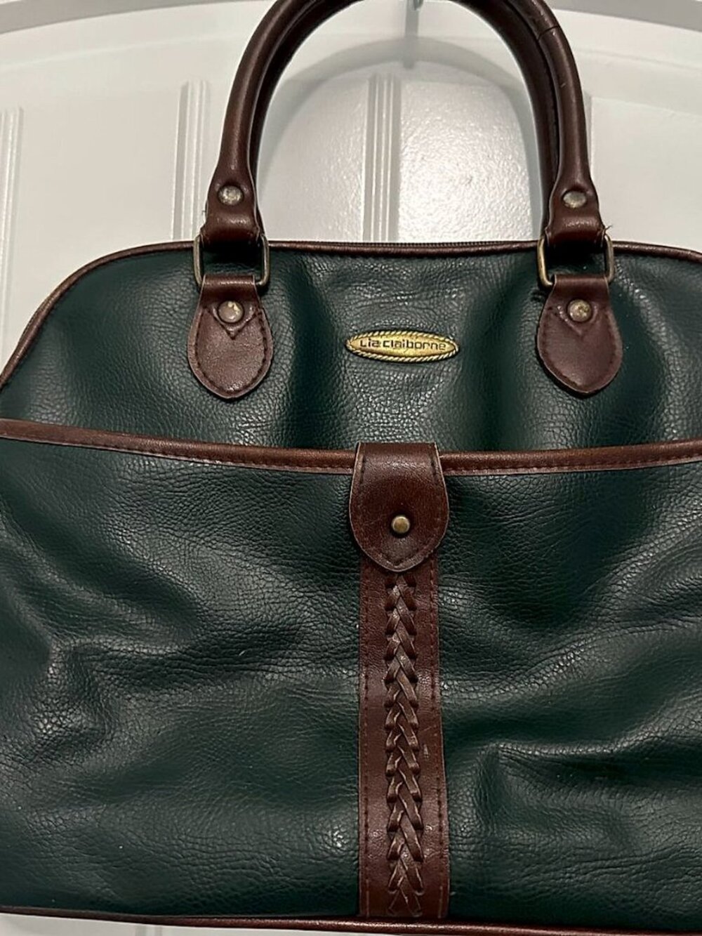 Vintage Liz Claiborne Dark Green Faux Leather Dome Satchel Handbag with Brown Tr